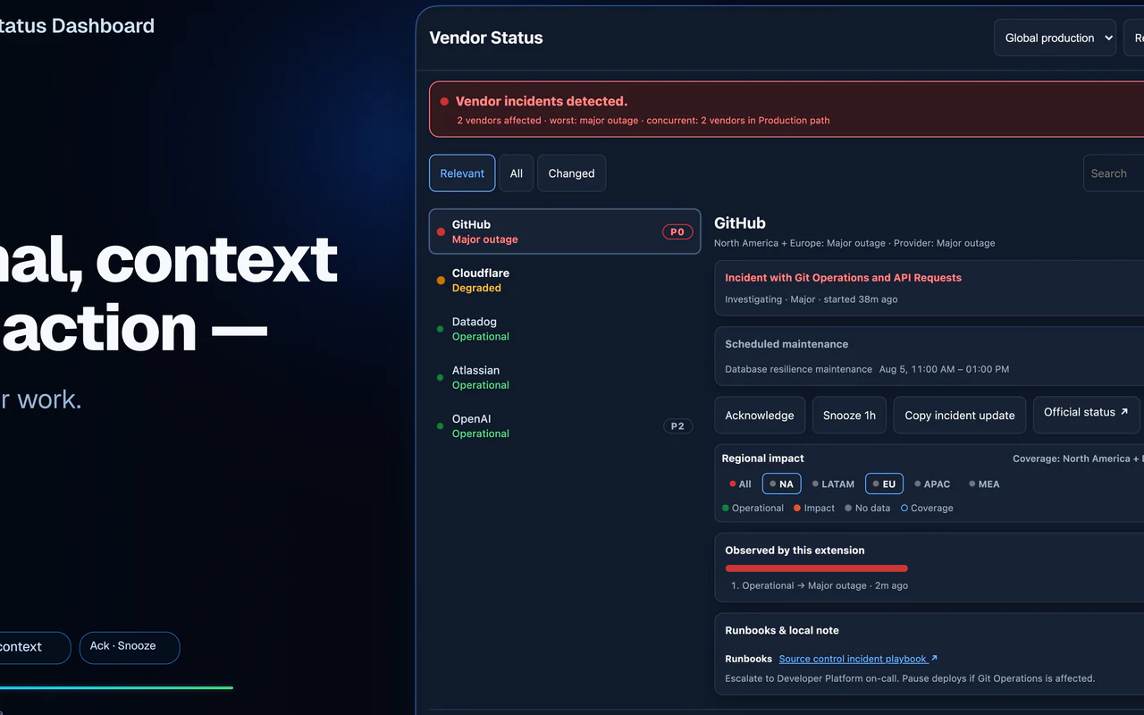 Screenshot of the Side Panel Command Center: a Cloudflare major outage selected in a scoped vendor list, with incident detail, actions, observed timeline and a local runbook