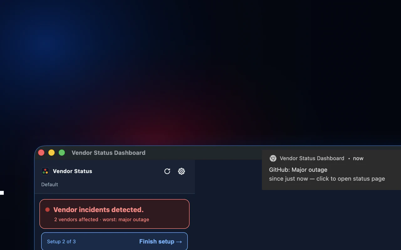 Screenshot of a Vendor Status desktop notification for a GitHub major outage, with Open official status and Copy incident update actions