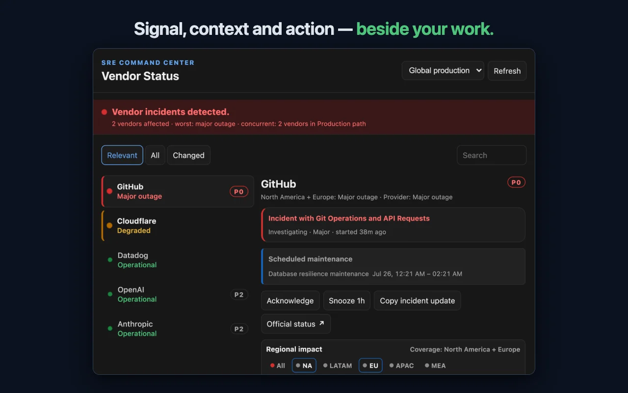 Vendor Status Side Panel Command Center with incident list, scoped detail, timeline, notes and runbook action