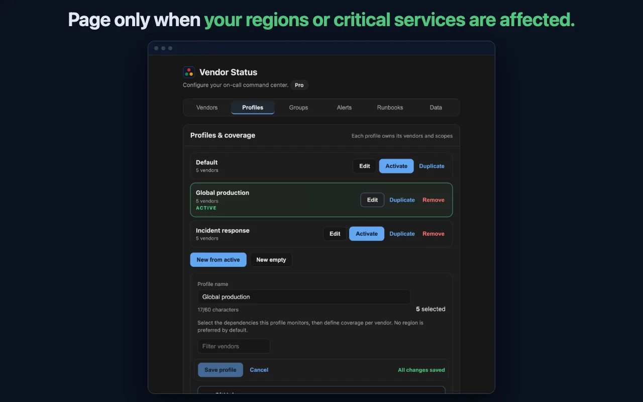 Vendor Status profile editor showing vendor membership, criticality and regional coverage controls