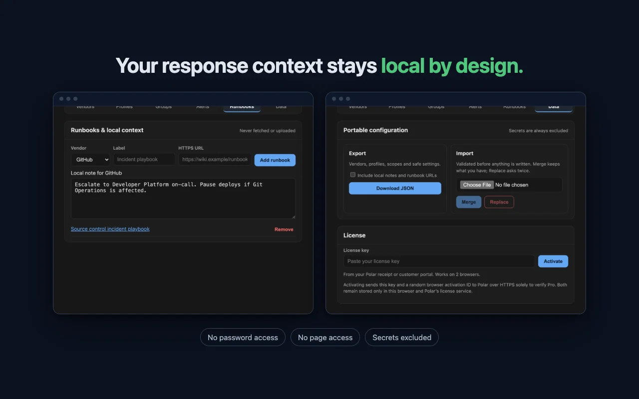 Vendor Status options showing local runbook links, incident notes and safe configuration controls